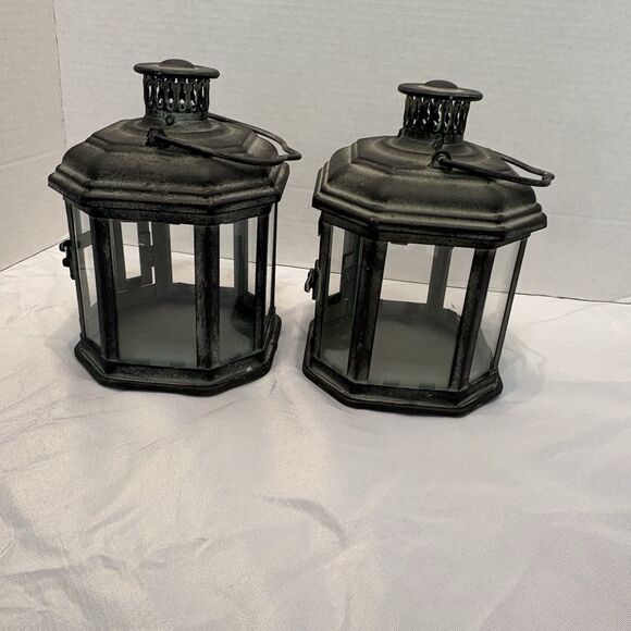 Hanging Lantern Metal Tealight Candle Holders With Glass Set of 2 RusticHanging - Picture 4 of 6